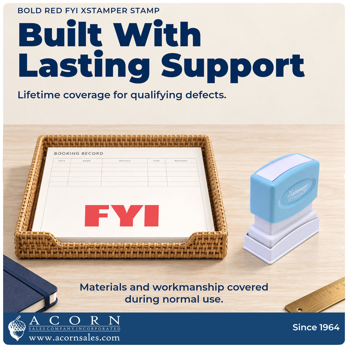 Lifetime guarantee graphic shown with the FYI Stamp – Bold Red Pre-Inked Xstamper from Acorn Sales