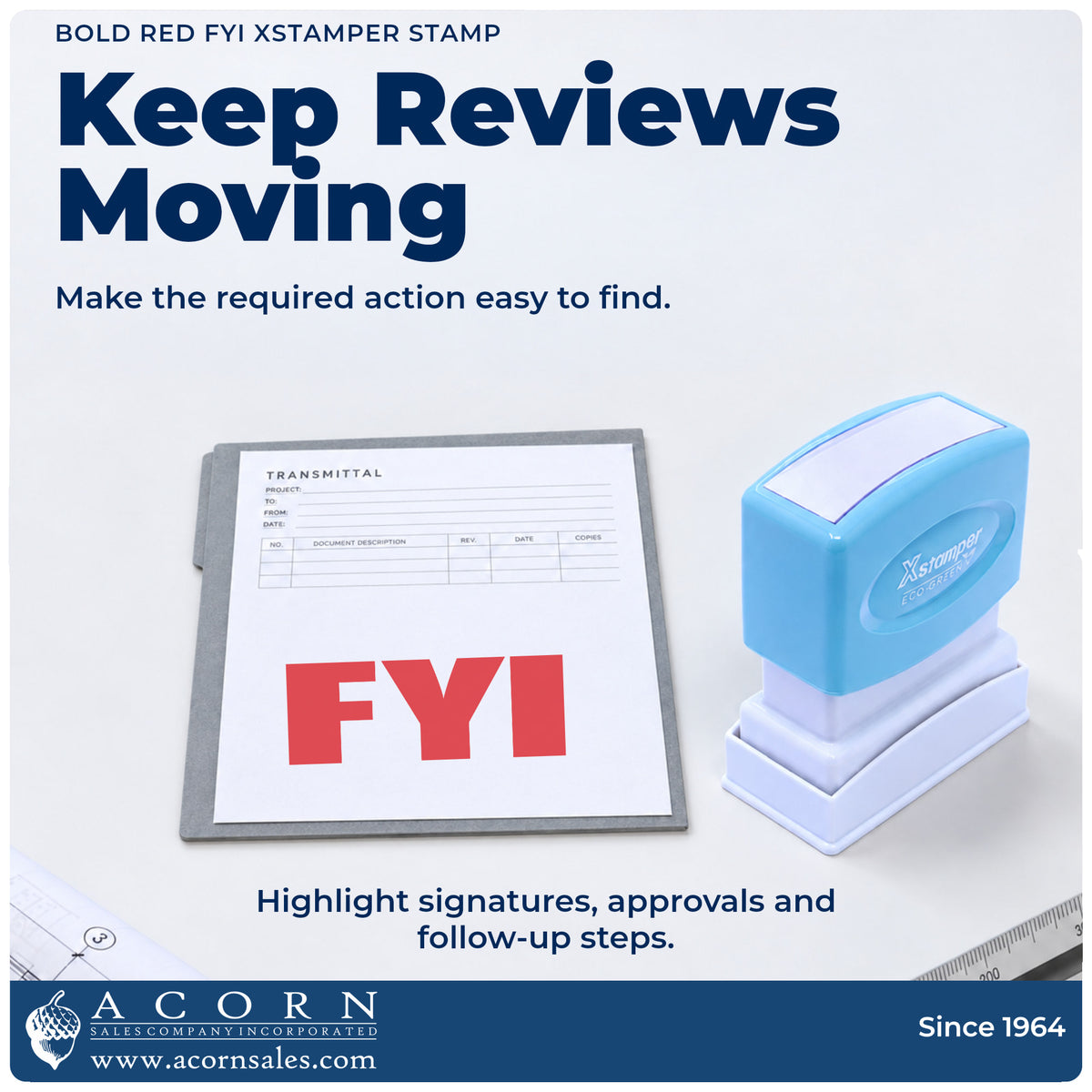 Office workflow showing where the "FYI" stamp marks documents