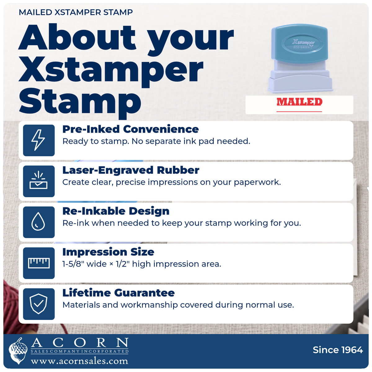 About your Mailed Stamp For Mail Processing: Xstamper 1218 pre-inked stock stamp facts