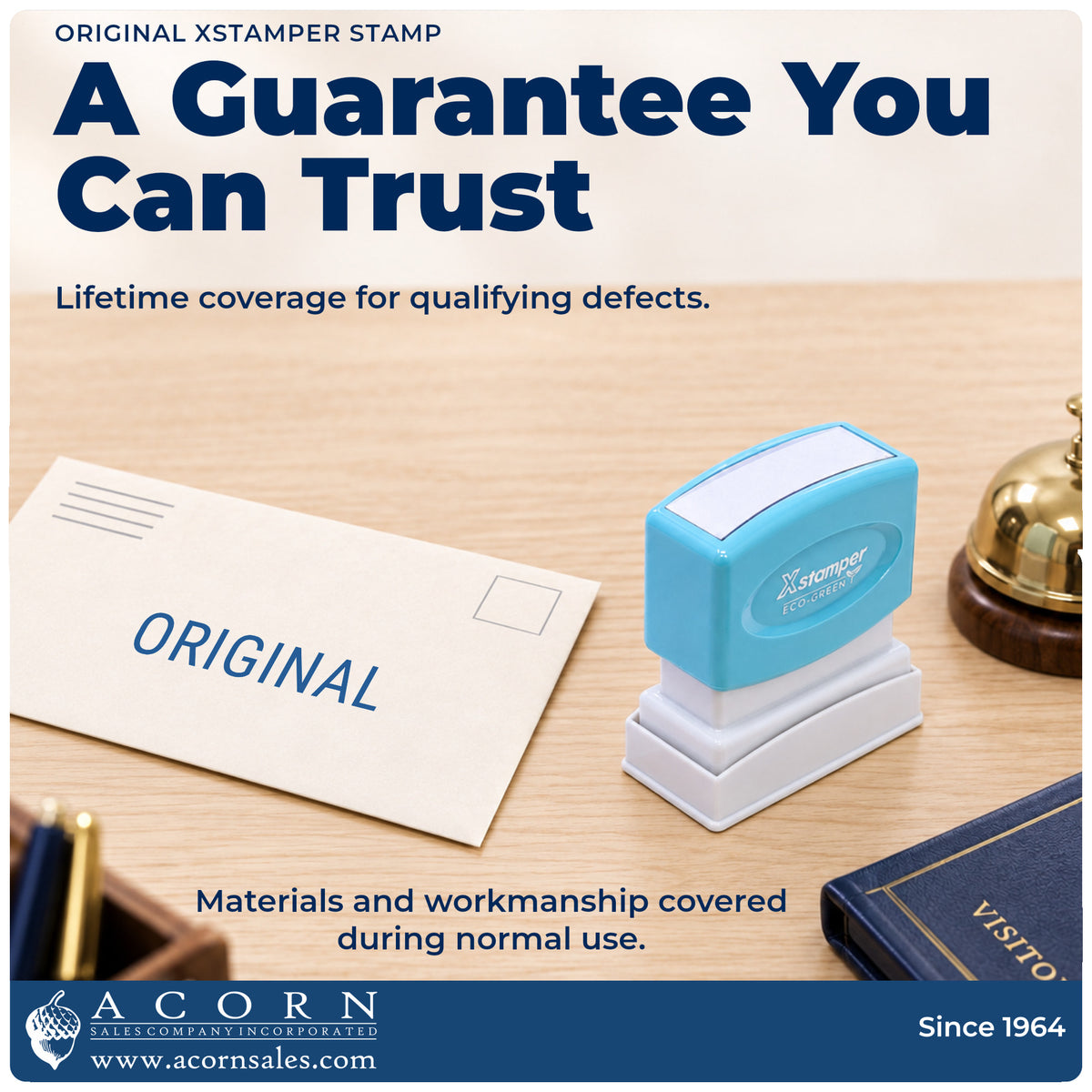Lifetime guarantee graphic shown with the Original Document Stamp from Acorn Sales