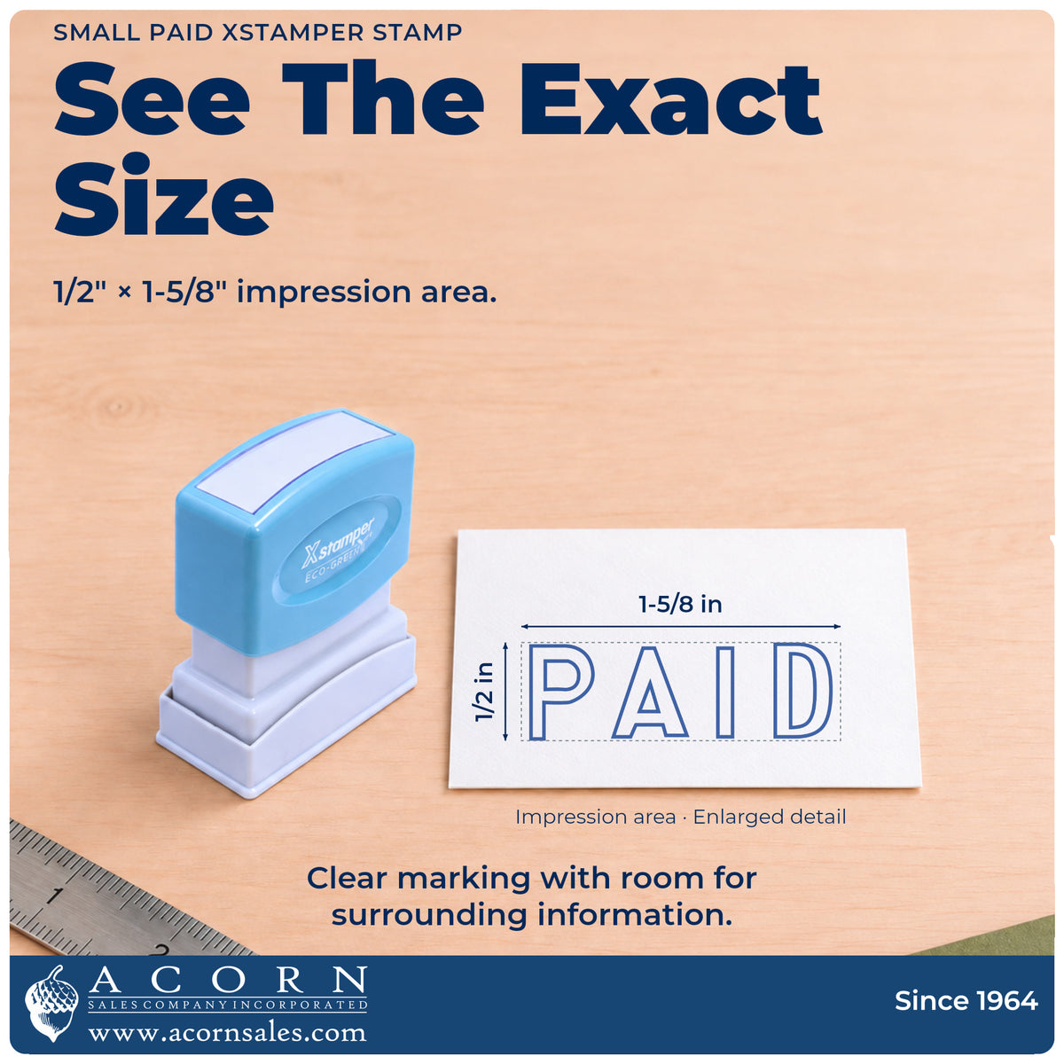 Impression size guide: the "Paid" imprint measures 1-5/8 x 1/2 in