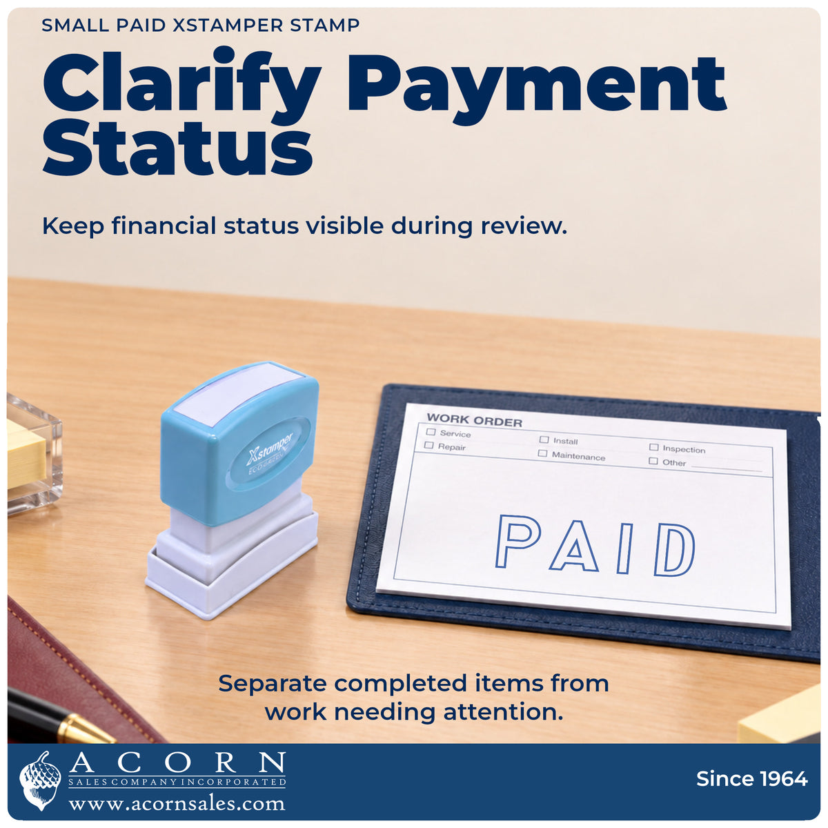 Office workflow showing where the "Paid" stamp marks documents
