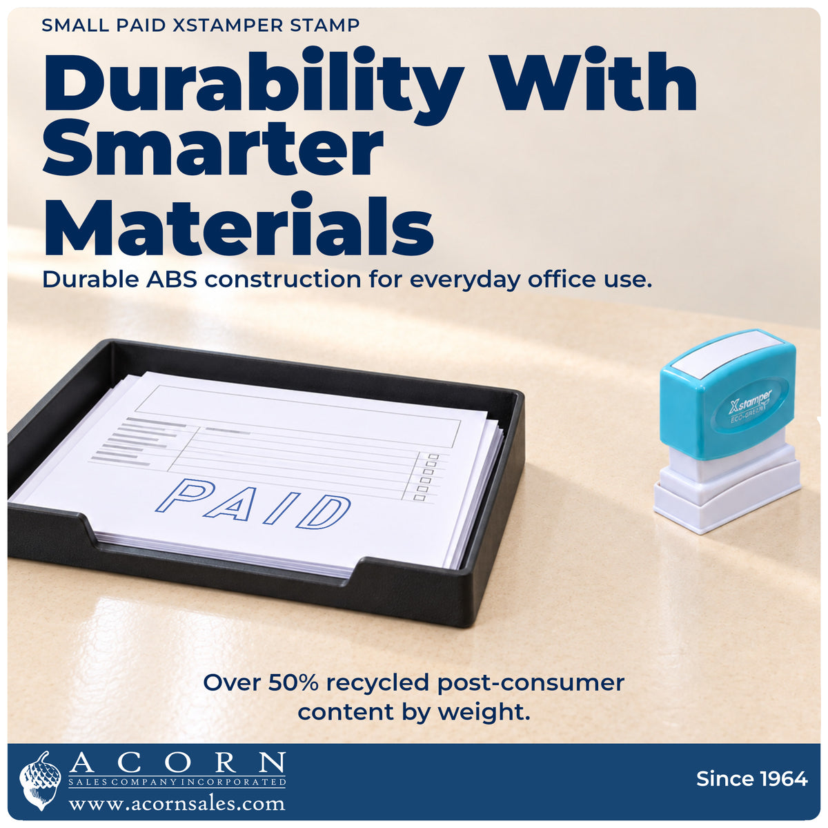 Features of the Small Paid Stamp: pre-inked Xstamper 1005, 1-5/8 x 1/2 in imprint