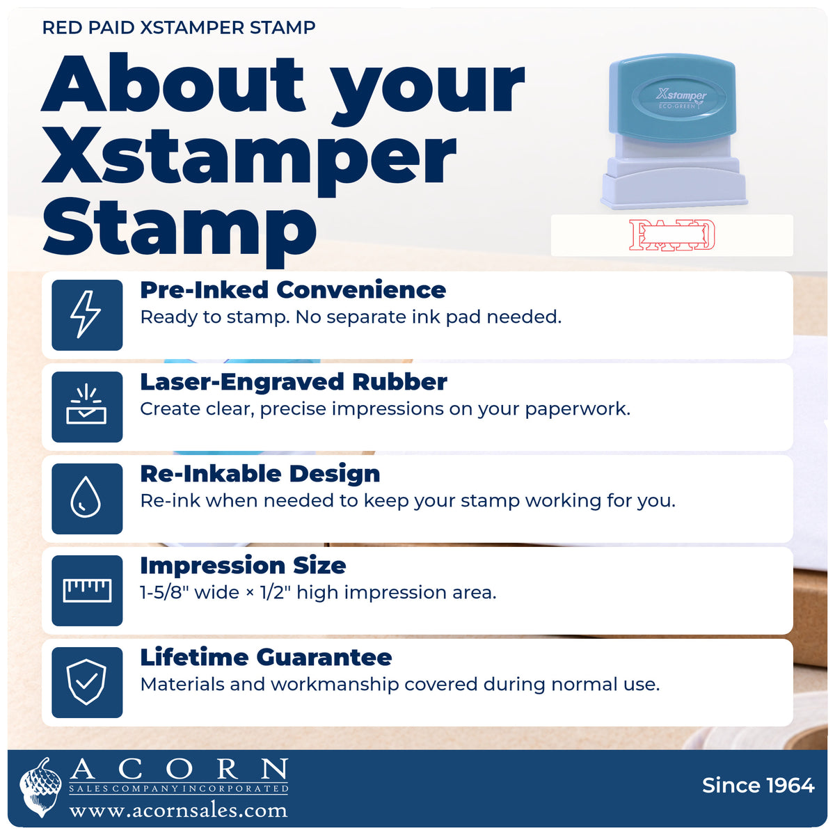 About your Xstamper Paid Stamp – Red Pre-Inked: Xstamper 1201 pre-inked stock stamp facts