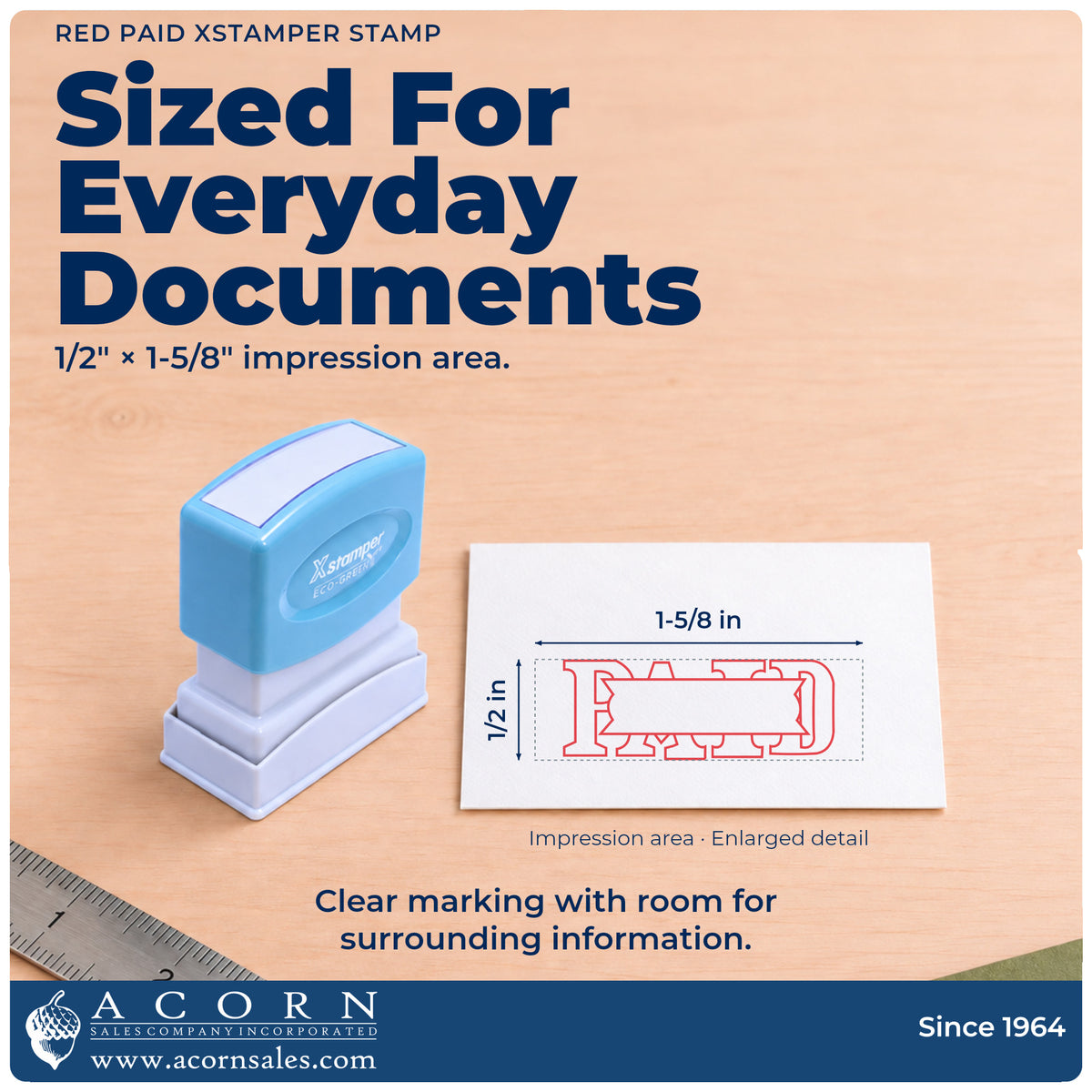 Impression size guide: the "Paid" imprint measures 1/2 x 1-5/8 in