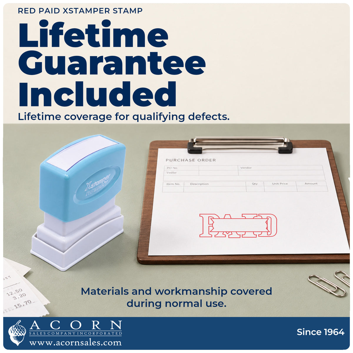 Lifetime guarantee graphic shown with the Xstamper Paid Stamp – Red Pre-Inked from Acorn Sales