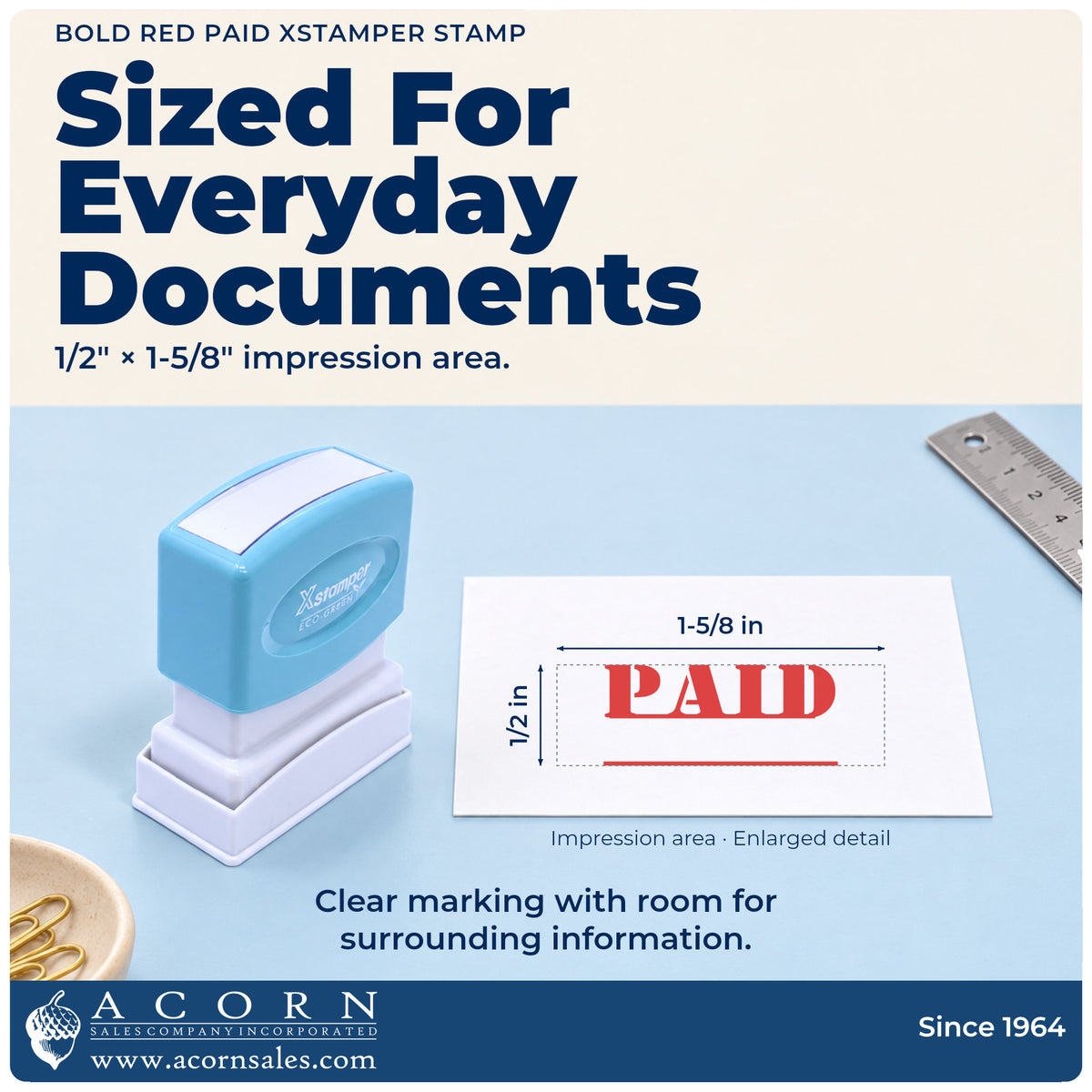 Impression size guide: the "Paid" imprint measures 1-5/8 x 1/2 in