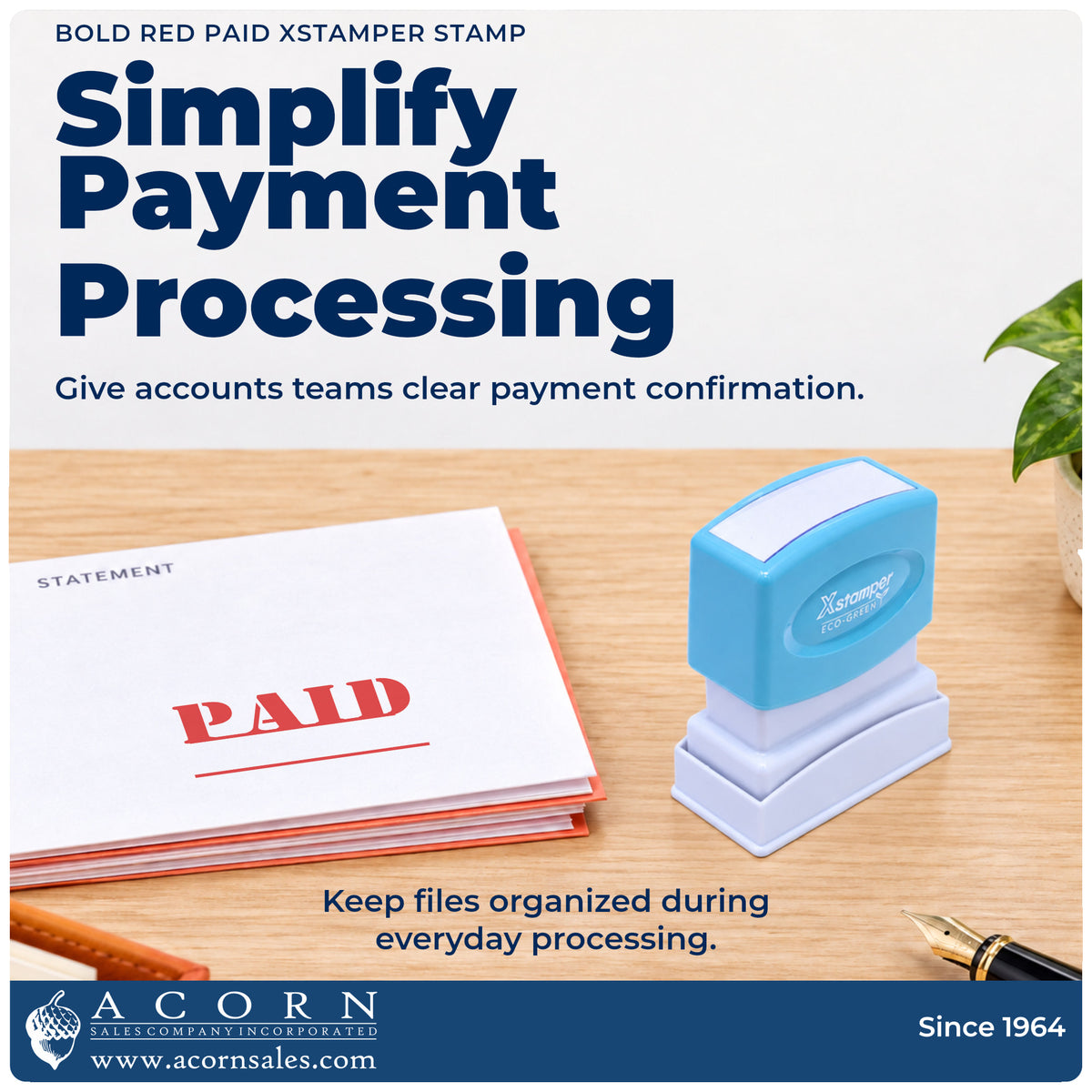 Office workflow showing where the "Paid" stamp marks documents