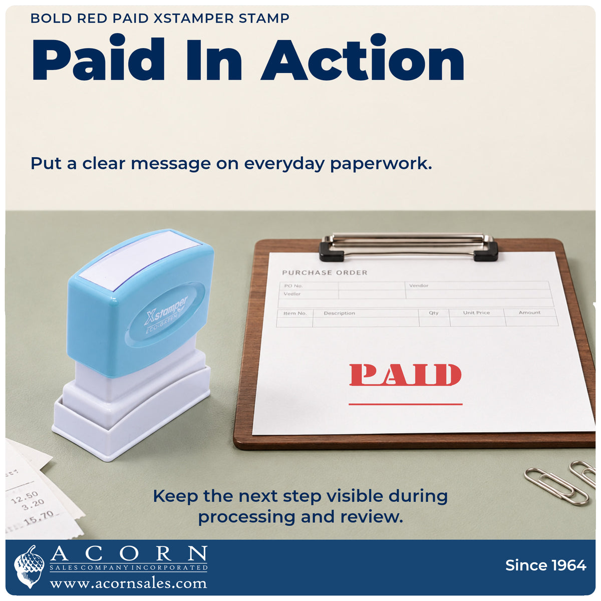 Bold Red Paid Stamp being pressed to leave an imprint reading "Paid"