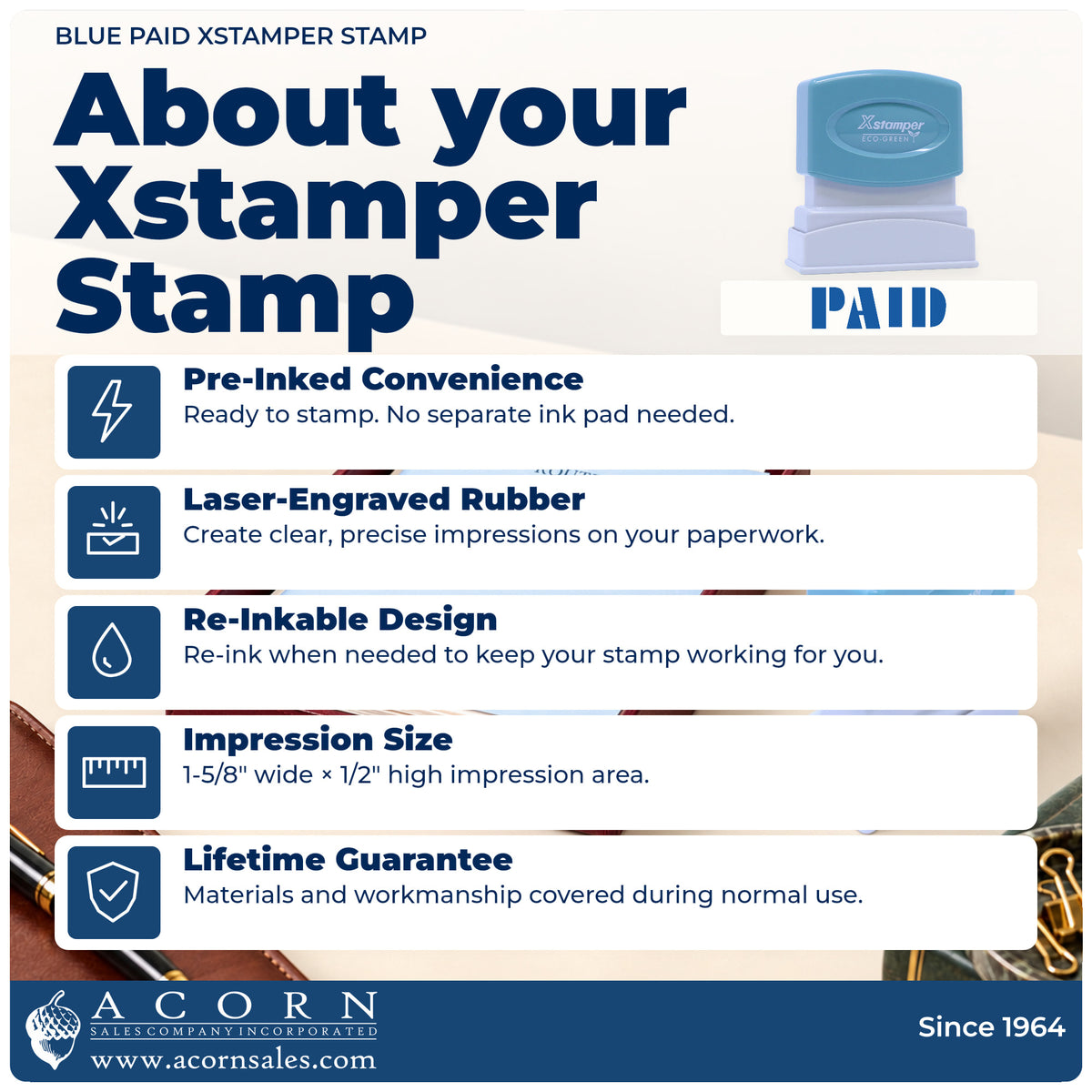About your Paid Stamp – Blue Pre-Inked Xstamper: Xstamper 1335 pre-inked stock stamp facts