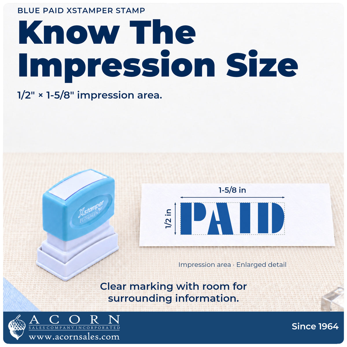 Impression size guide: the "Paid" imprint measures 1/2 x 1-5/8 in