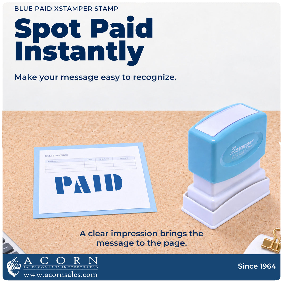 "Paid" imprint on office paperwork beside the Paid Stamp – Blue Pre-Inked Xstamper