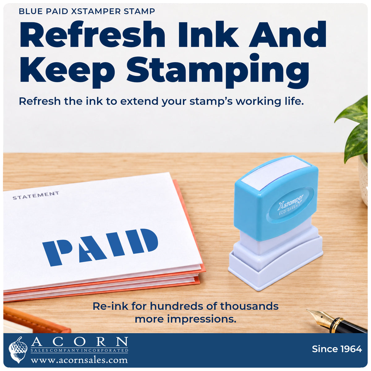 Re-inkable pre-inked build of the Paid Stamp – Blue Pre-Inked Xstamper shown in detail