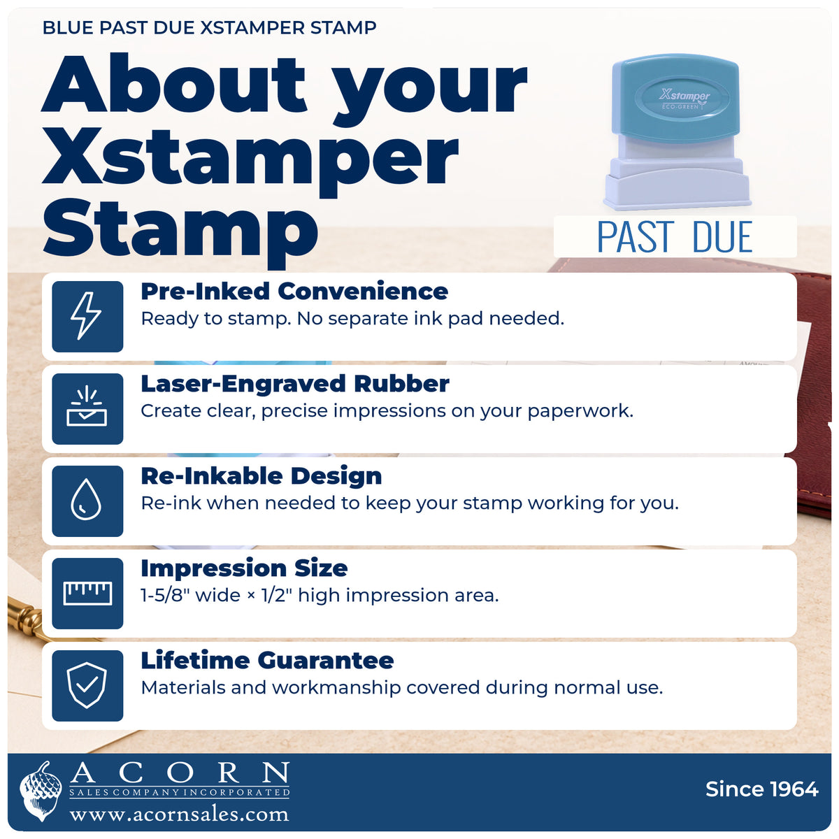 About your Past Due Billing Stamp – Blue Pre-Inked Xstamper: Xstamper 1127 pre-inked stock stamp facts
