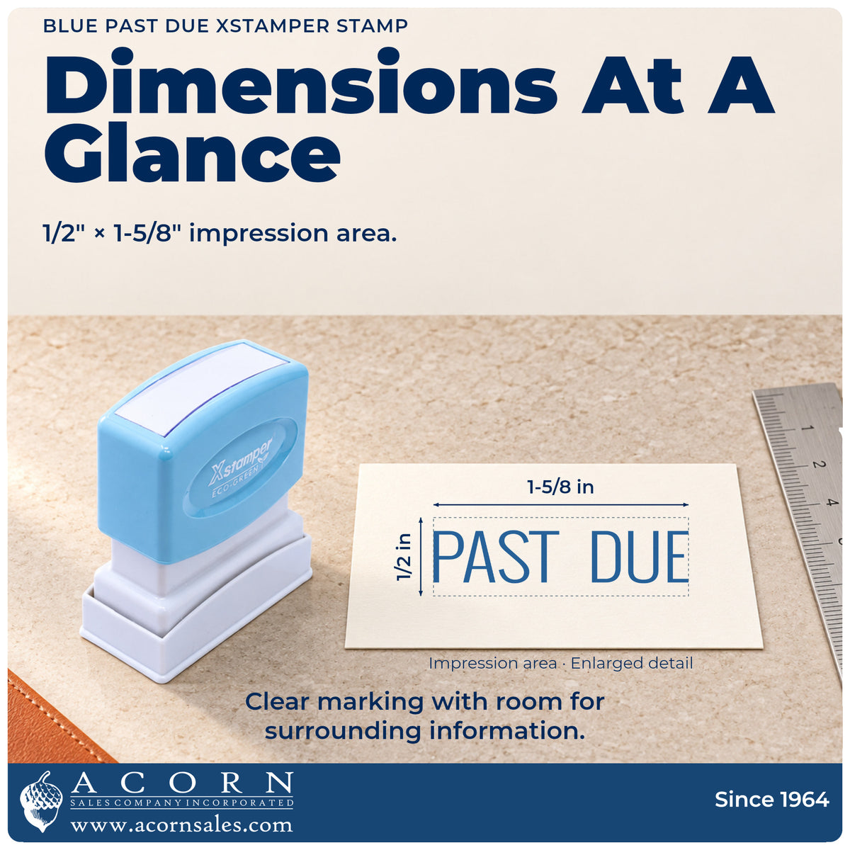 Impression size guide: the "Past due" imprint measures 1-5/8 x 1/2 in