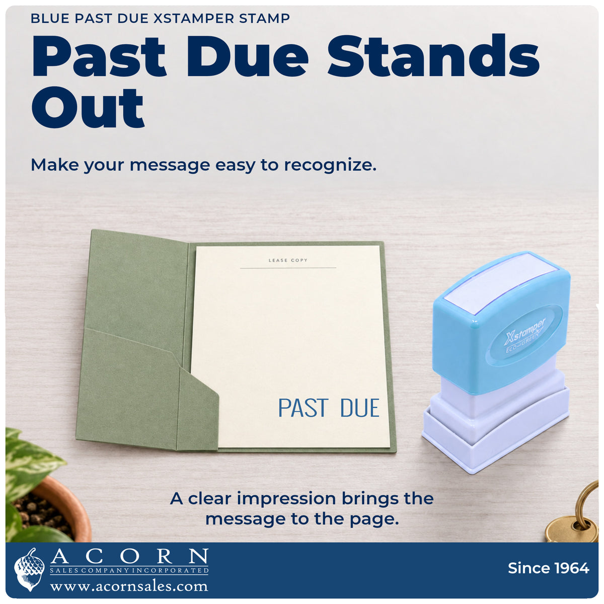 "Past due" imprint on office paperwork beside the Past Due Billing Stamp – Blue Pre-Inked Xstamper