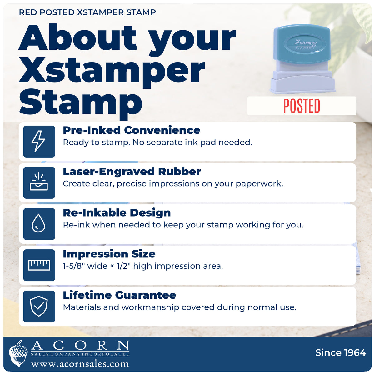 About your Posted Record Stamp – Red Pre-Inked Xstamper: Xstamper 1047 pre-inked stock stamp facts
