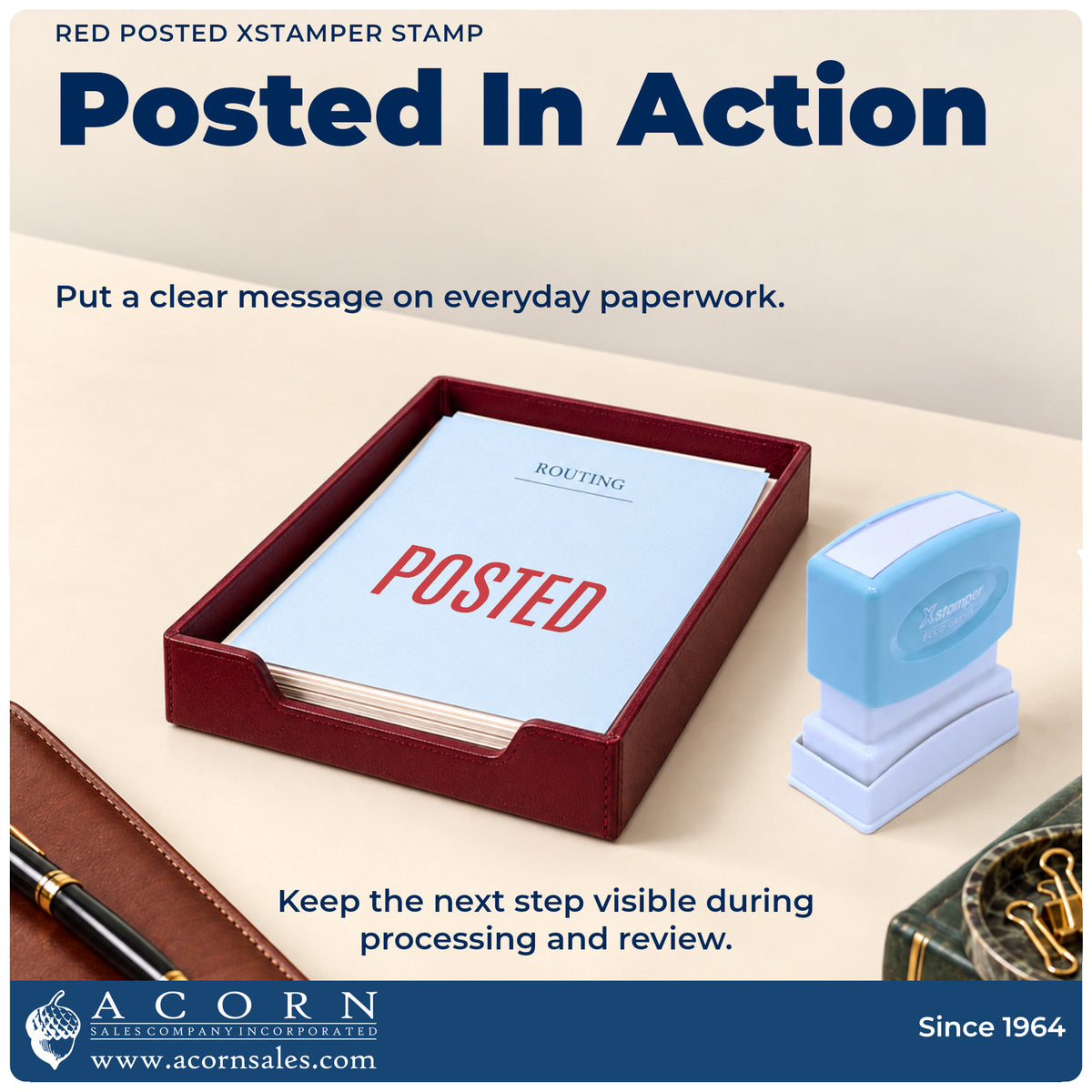 Posted Record Stamp – Red Pre-Inked Xstamper being pressed to leave an imprint reading "Posted"