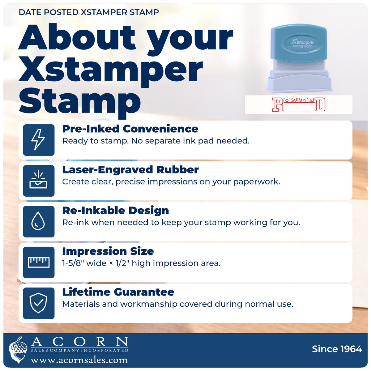 About your Date Posted Stamp For Record Keeping: Xstamper 1211 pre-inked stock stamp facts
