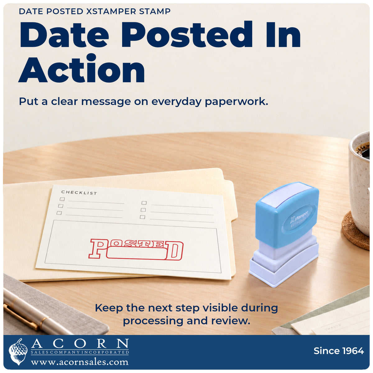 Date Posted Stamp For Record Keeping being pressed to leave an imprint reading "Date posted"