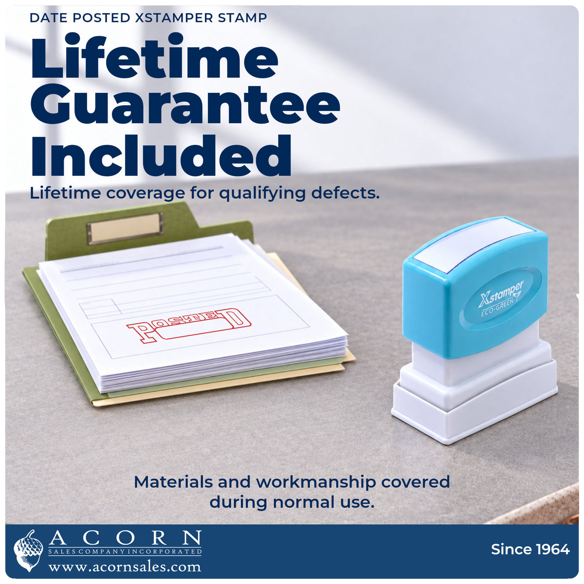 Lifetime guarantee graphic shown with the Date Posted Stamp For Record Keeping from Acorn Sales