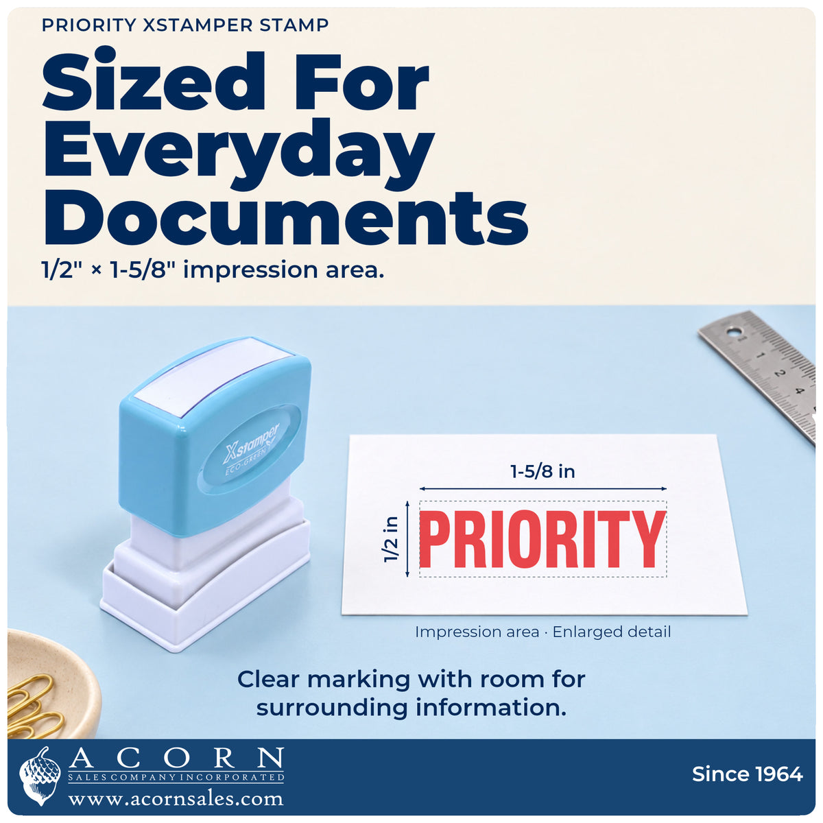 Impression size guide: the "Priority" imprint measures 1/2 x 1-5/8 in