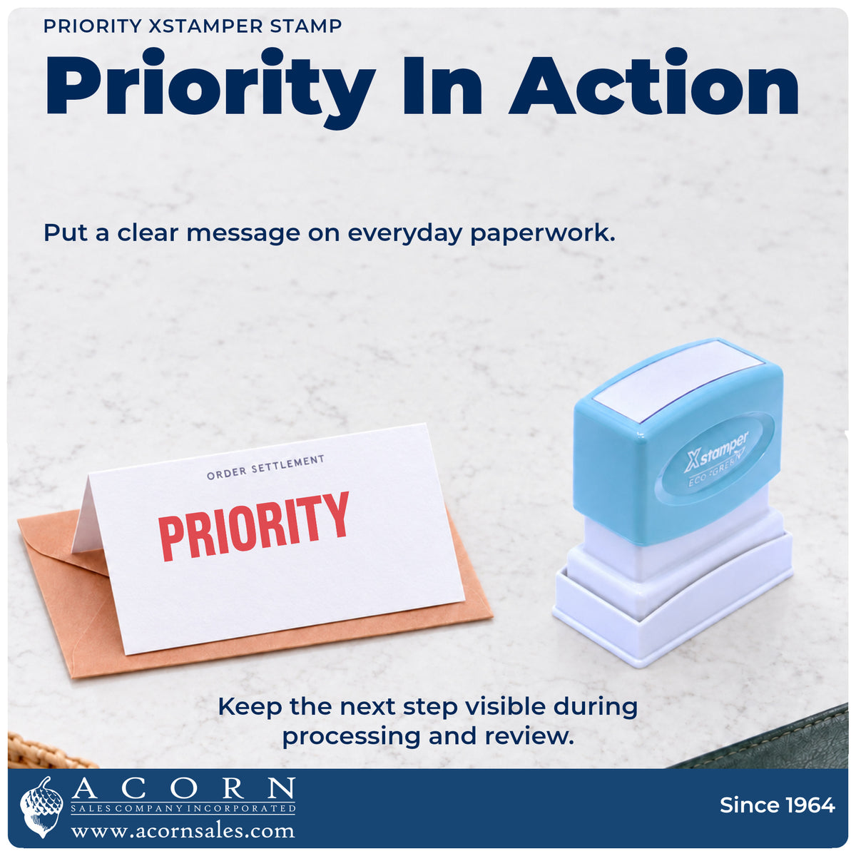 Priority Stamp For Priority Handling being pressed to leave an imprint reading "Priority"