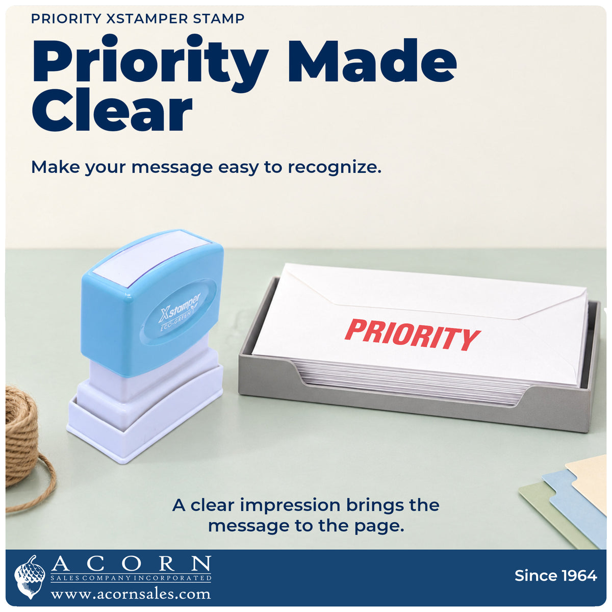 "Priority" imprint on office paperwork beside the Priority Stamp For Priority Handling