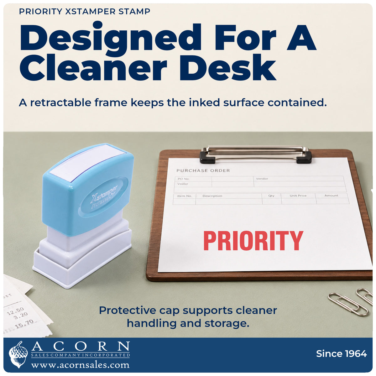 Features of the Priority Stamp For Priority Handling: pre-inked Xstamper 1033, 1/2 x 1-5/8 in imprint