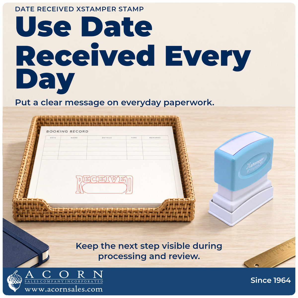 Date Received Stamp being pressed to leave an imprint reading "Date received"