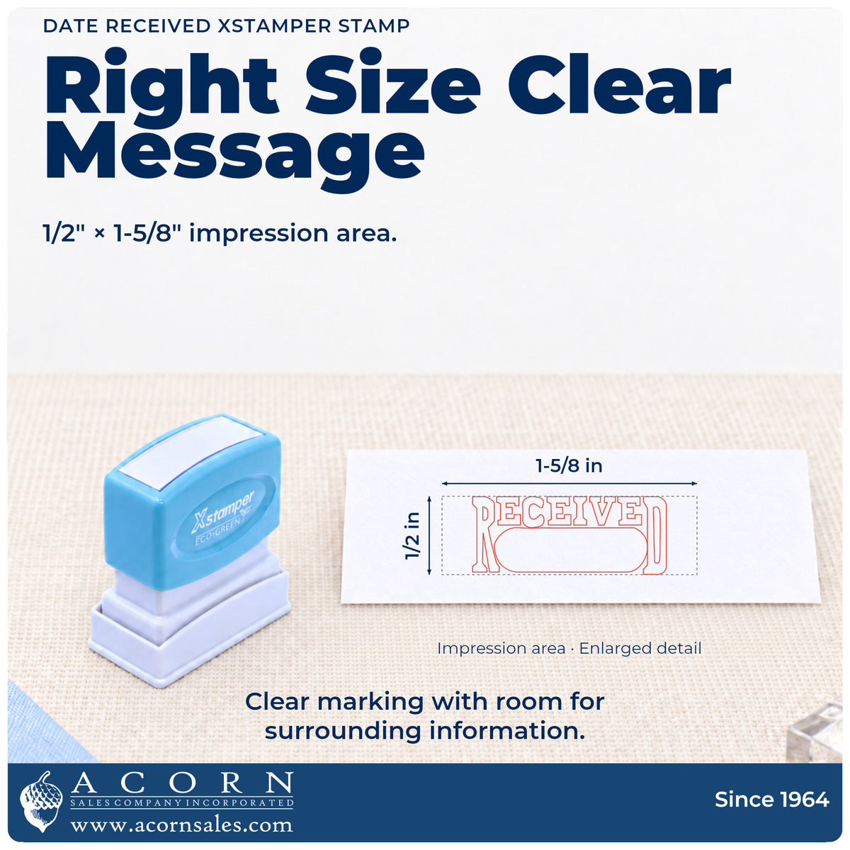 Impression size guide: the "Date received" imprint measures 1-5/8 x 1/2 in