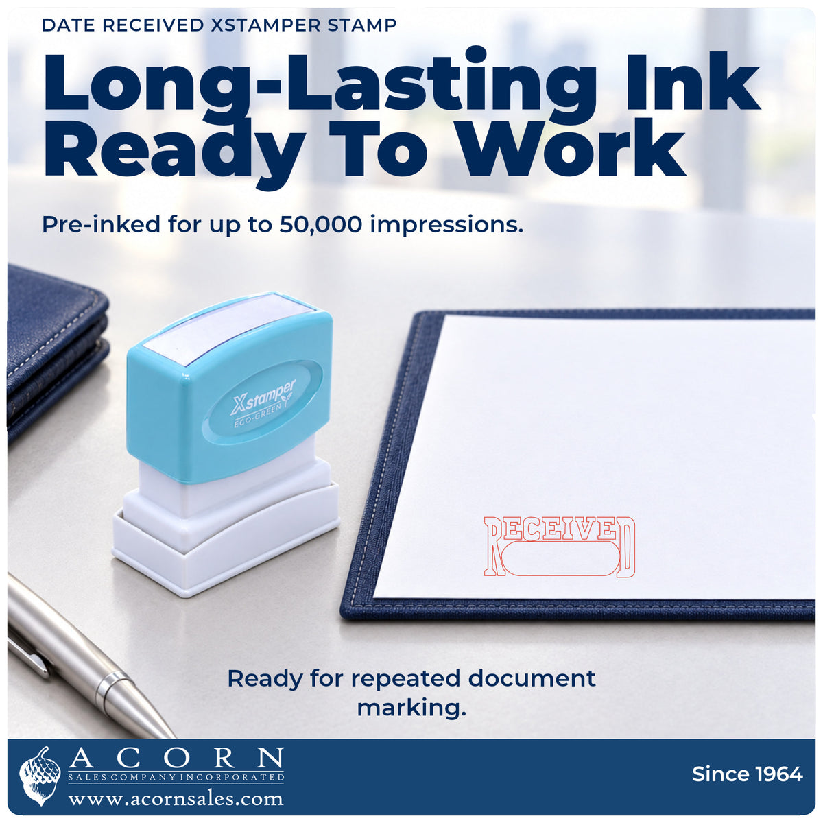 Re-inkable pre-inked build of the Date Received Stamp shown in detail
