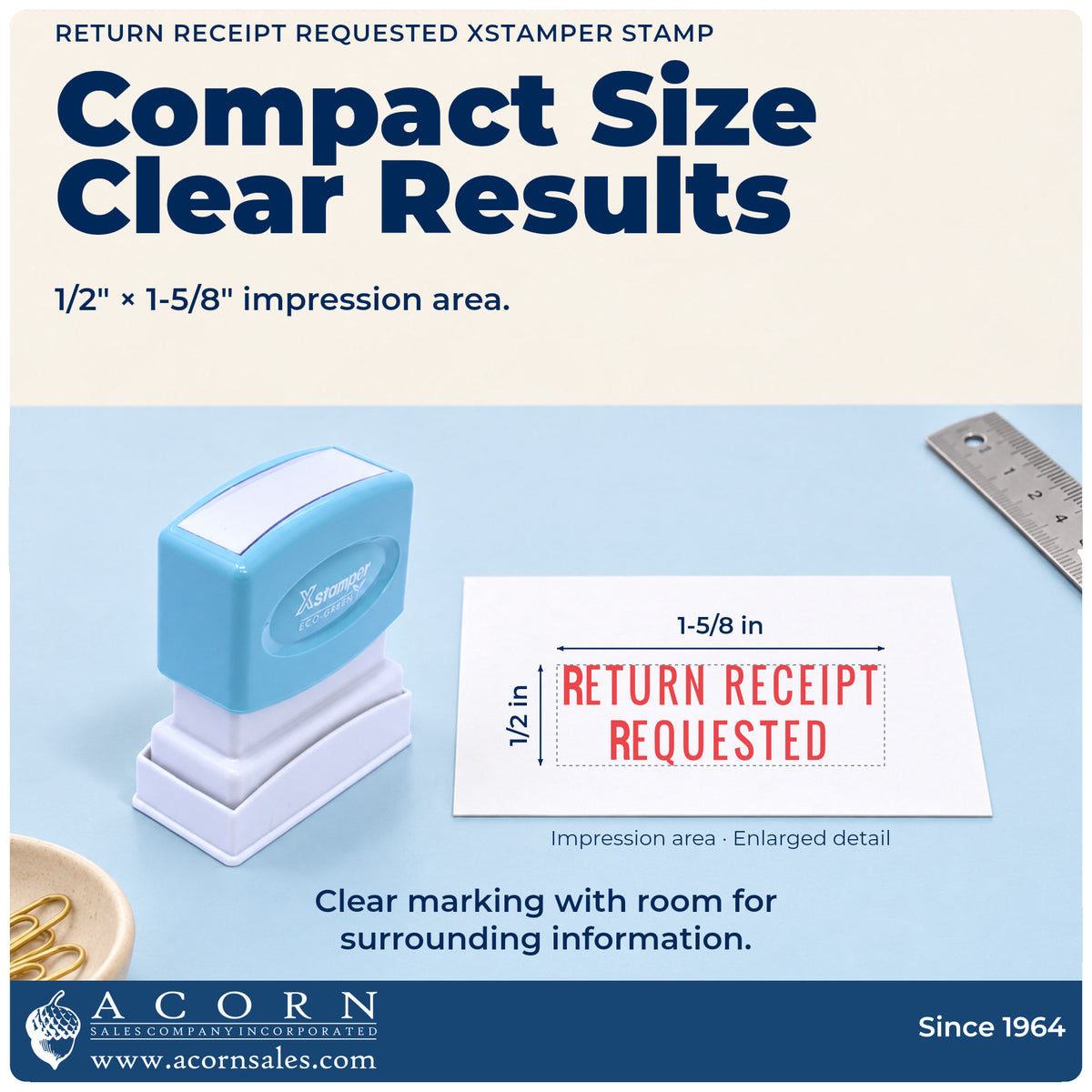 Impression size guide: the "Return receipt requested" imprint measures 1-5/8 x 1/2 in