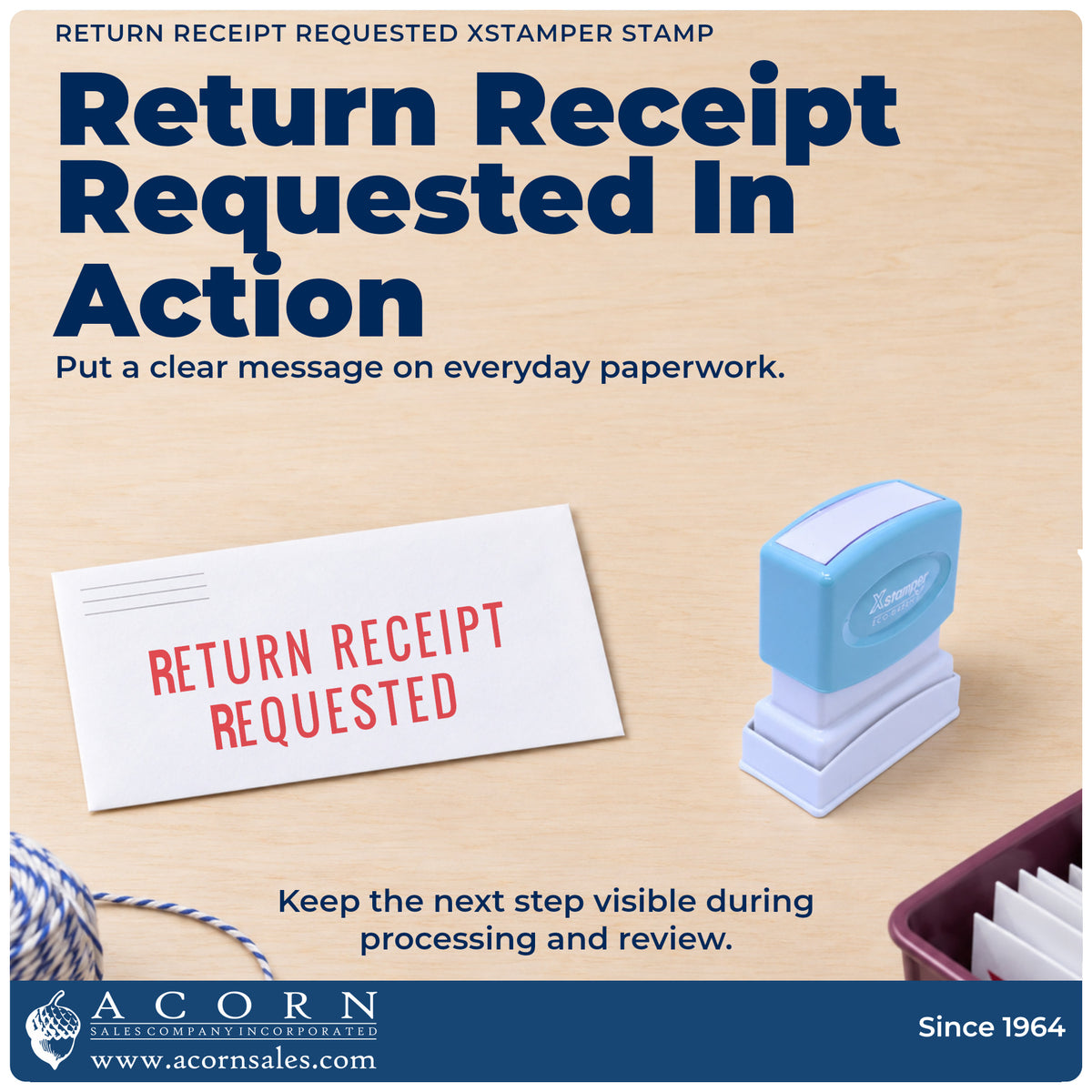 Return Receipt Requested Stamp being pressed to leave an imprint reading "Return receipt requested"