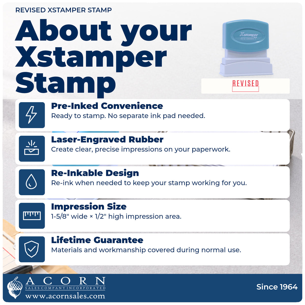About your Xstamper Revised Stamp: Xstamper 1219 pre-inked stock stamp facts