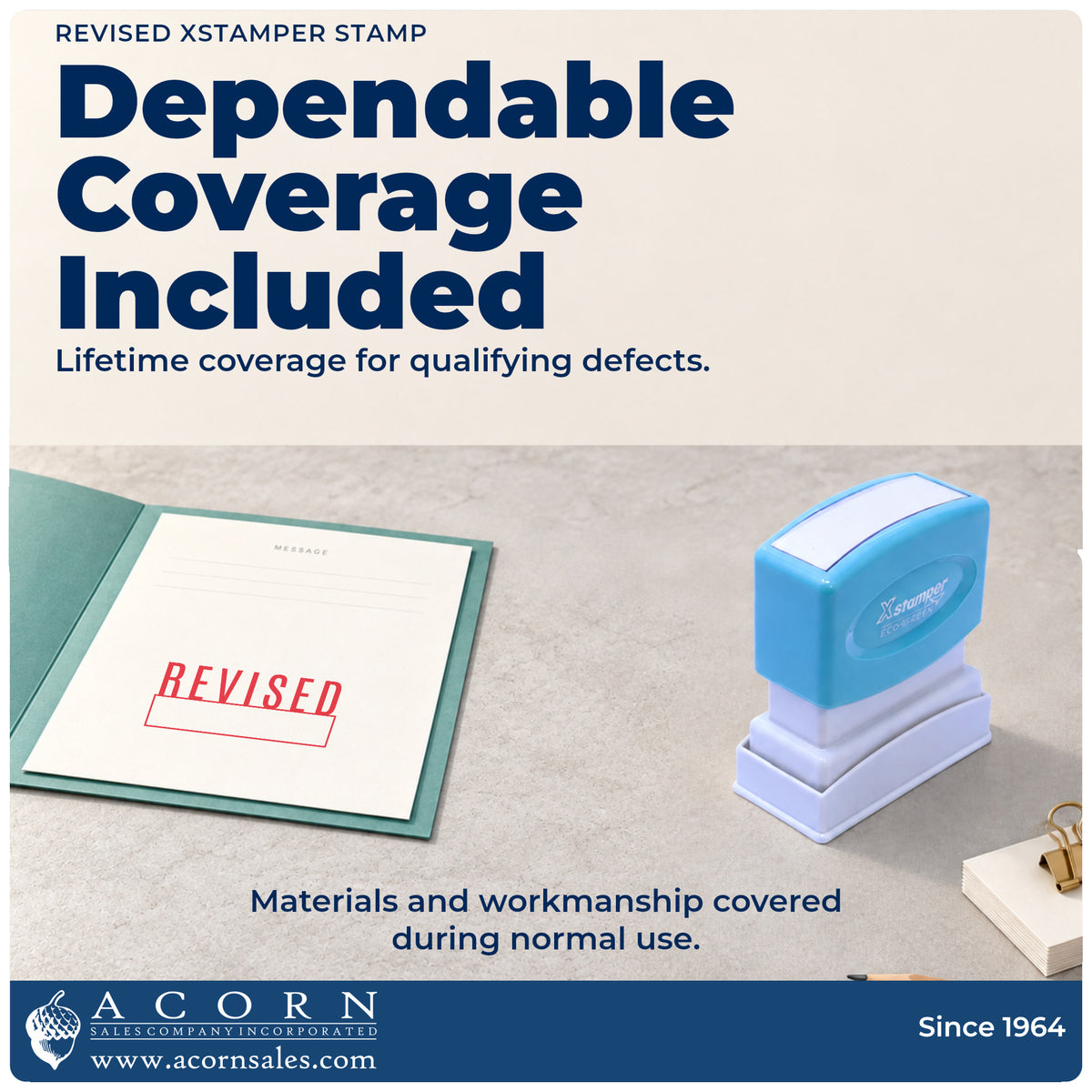 Lifetime guarantee graphic shown with the Xstamper Revised Stamp from Acorn Sales