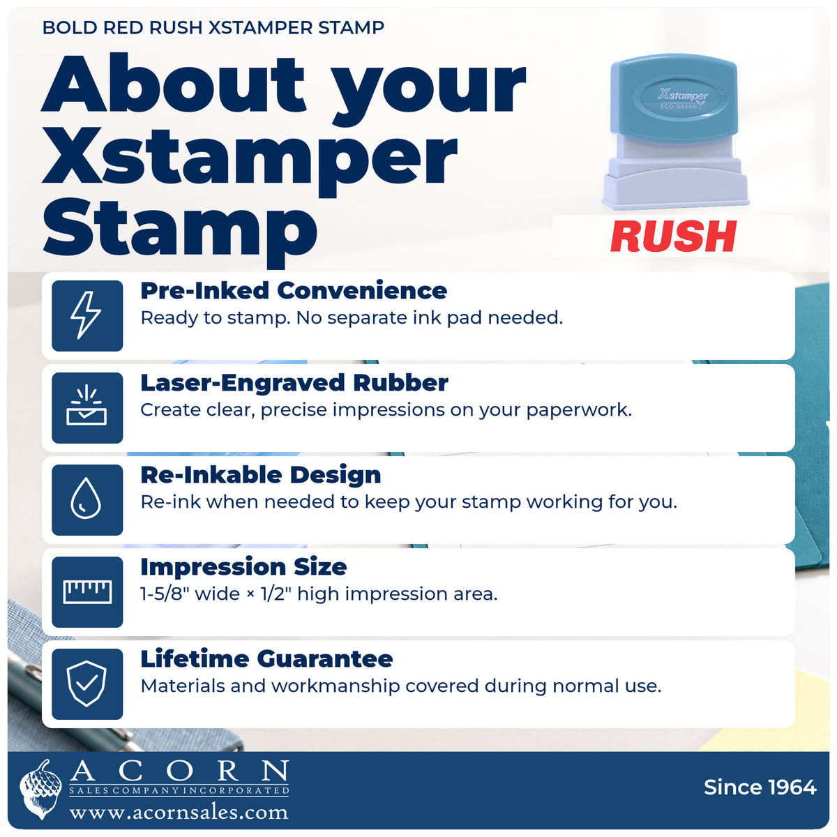 About your Bold Red Rush Stamp: Xstamper 1334 pre-inked stock stamp facts