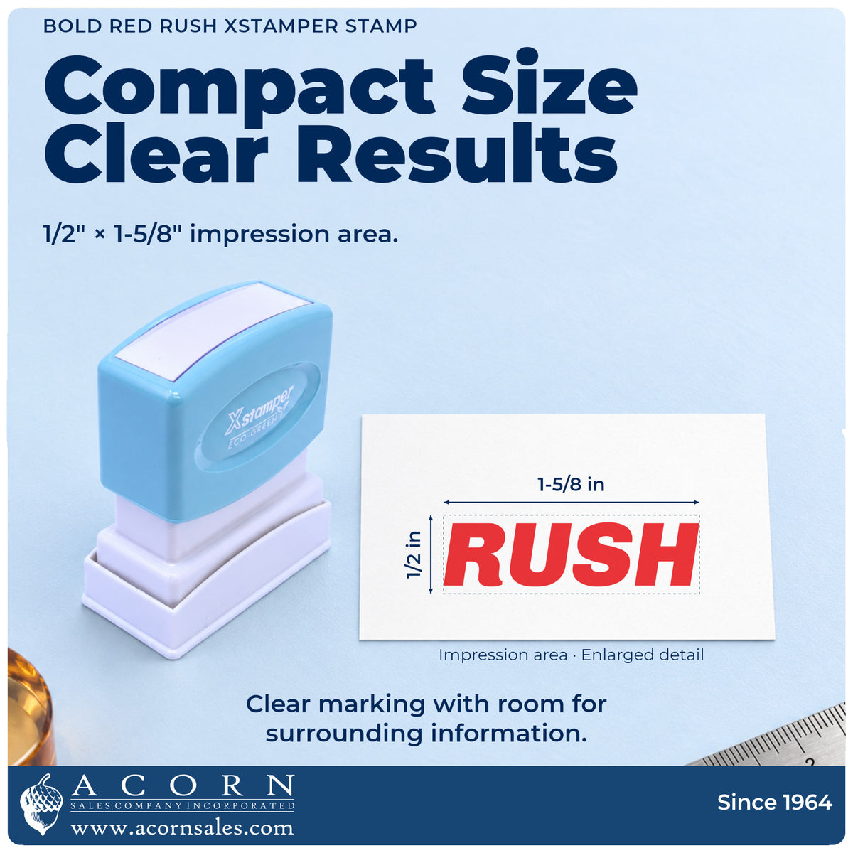 Impression size guide: the "Rush" imprint measures 1-5/8 x 1/2 in