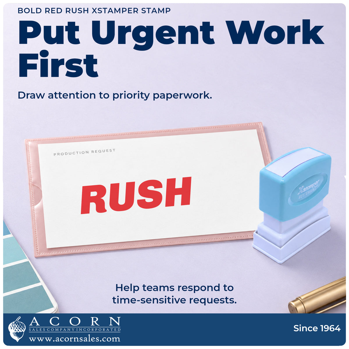 Office workflow showing where the "Rush" stamp marks documents