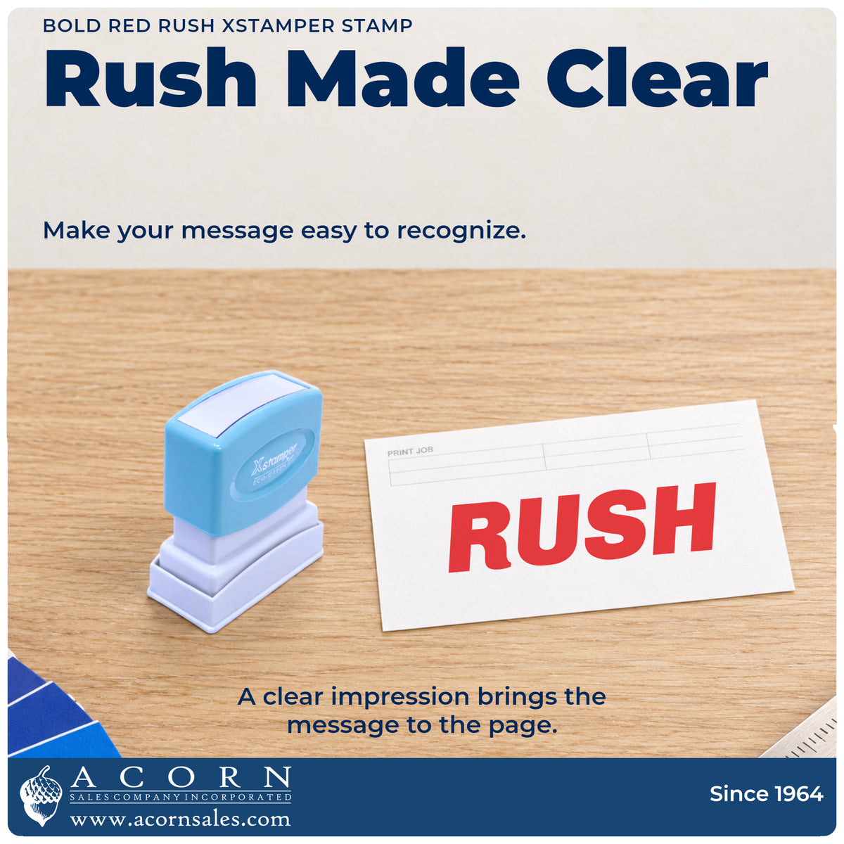 "Rush" imprint on office paperwork beside the Bold Red Rush Stamp