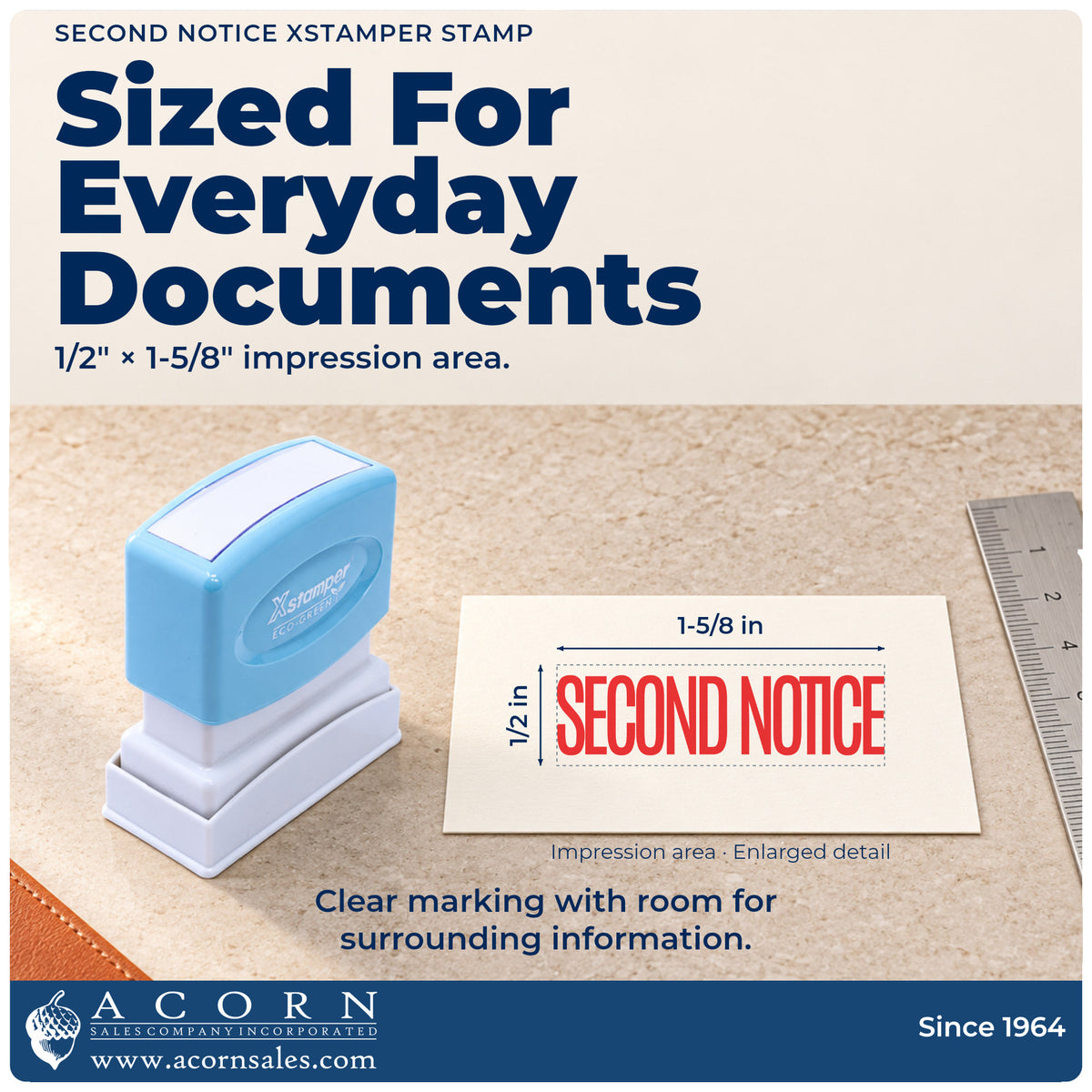 Impression size guide: the "Second notice" imprint measures 1/2 x 1-5/8 in