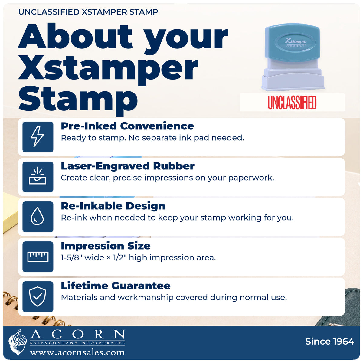 About your Unclassified Document Stamp: Xstamper 1042 pre-inked stock stamp facts