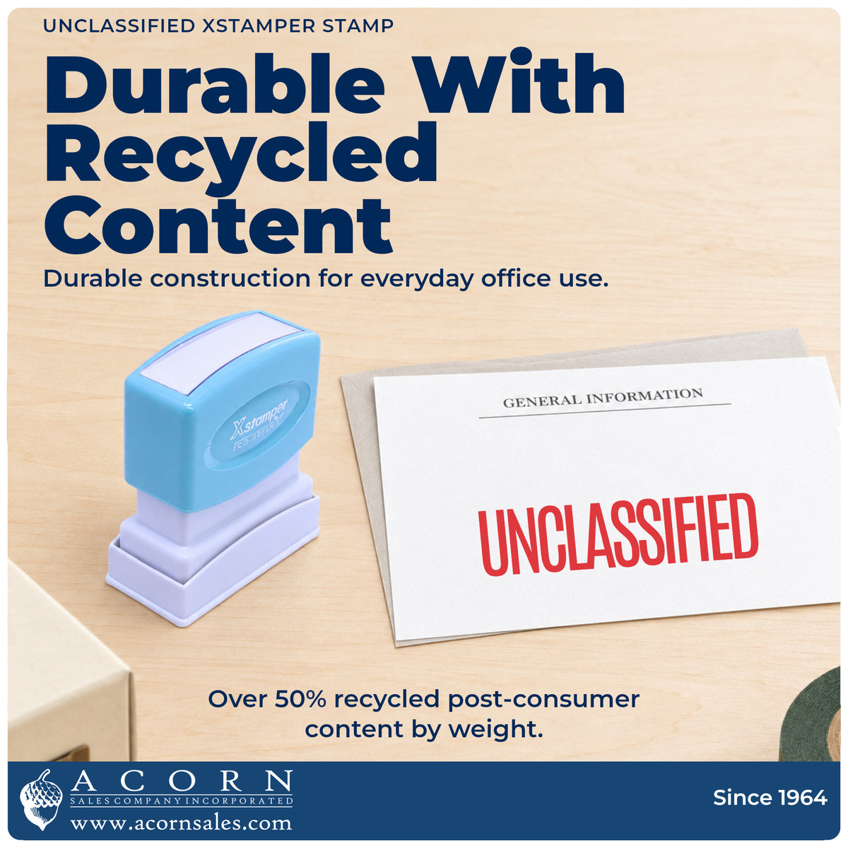 Features of the Unclassified Document Stamp: pre-inked Xstamper 1042, 1-5/8 x 1/2 in imprint