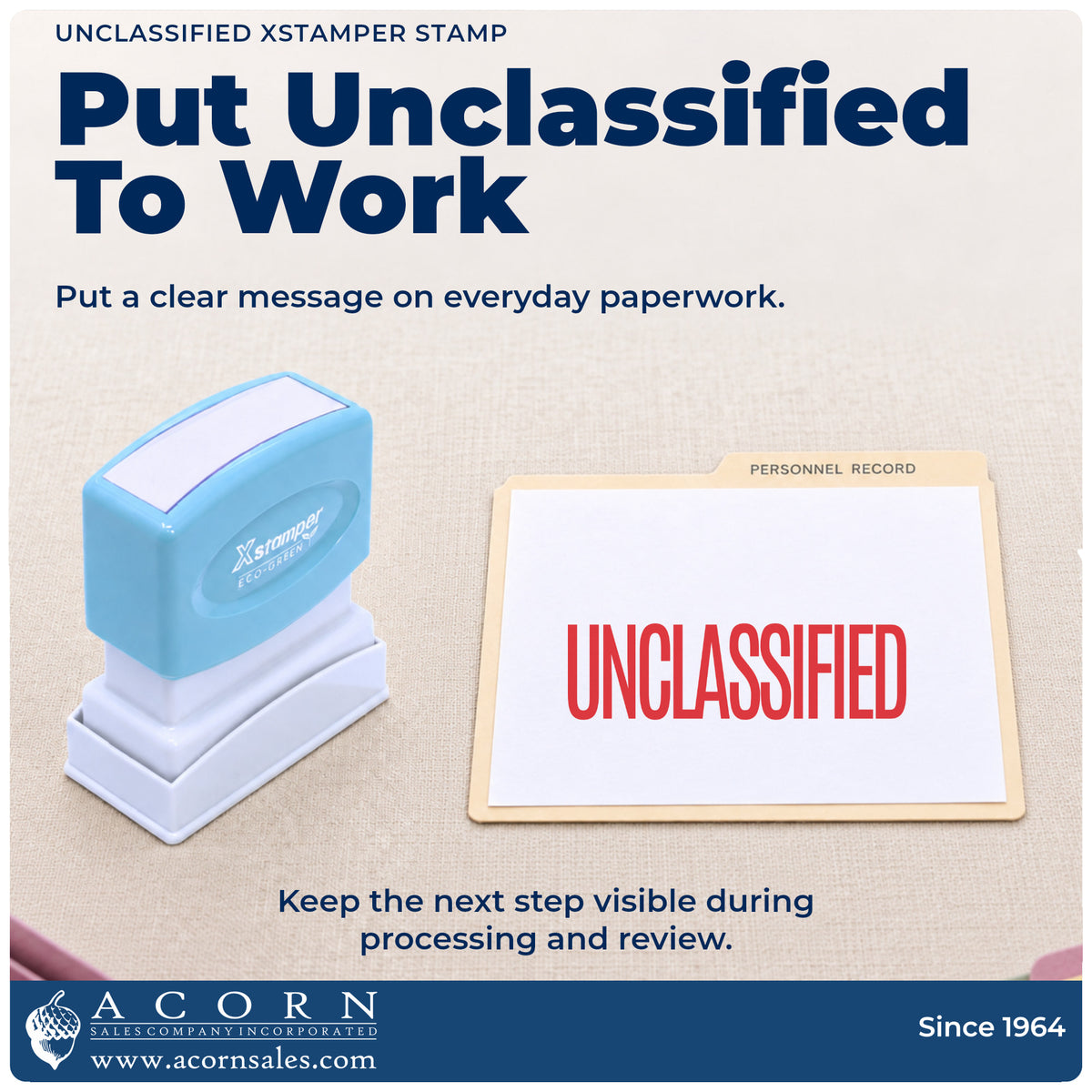 Unclassified Document Stamp being pressed to leave an imprint reading "Unclassified"