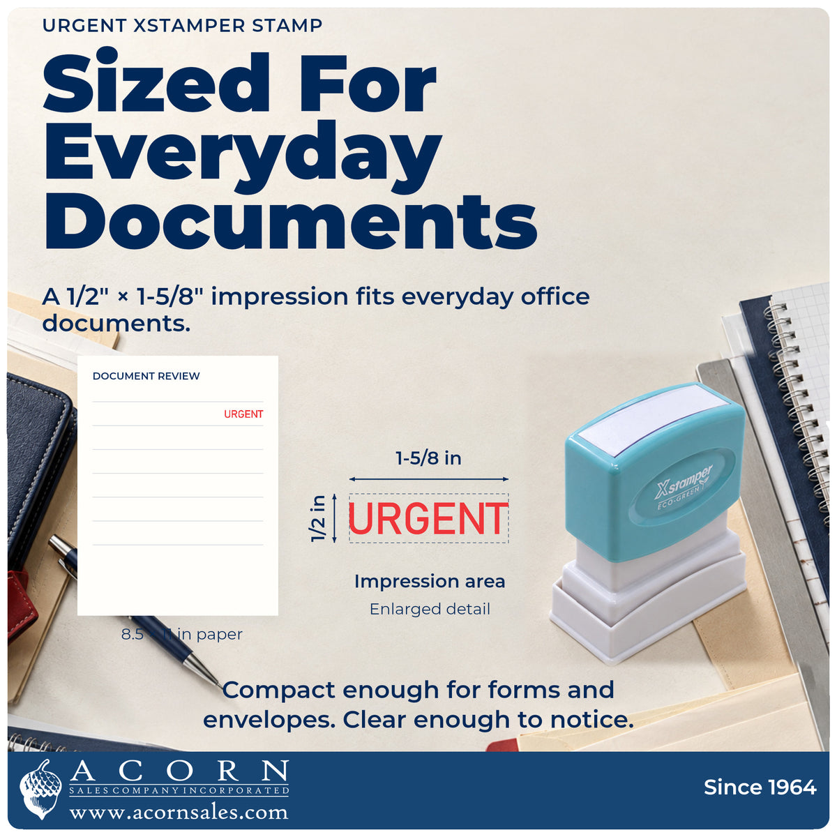 Impression size guide: the "Urgent" imprint measures 1/2 x 1-5/8 in