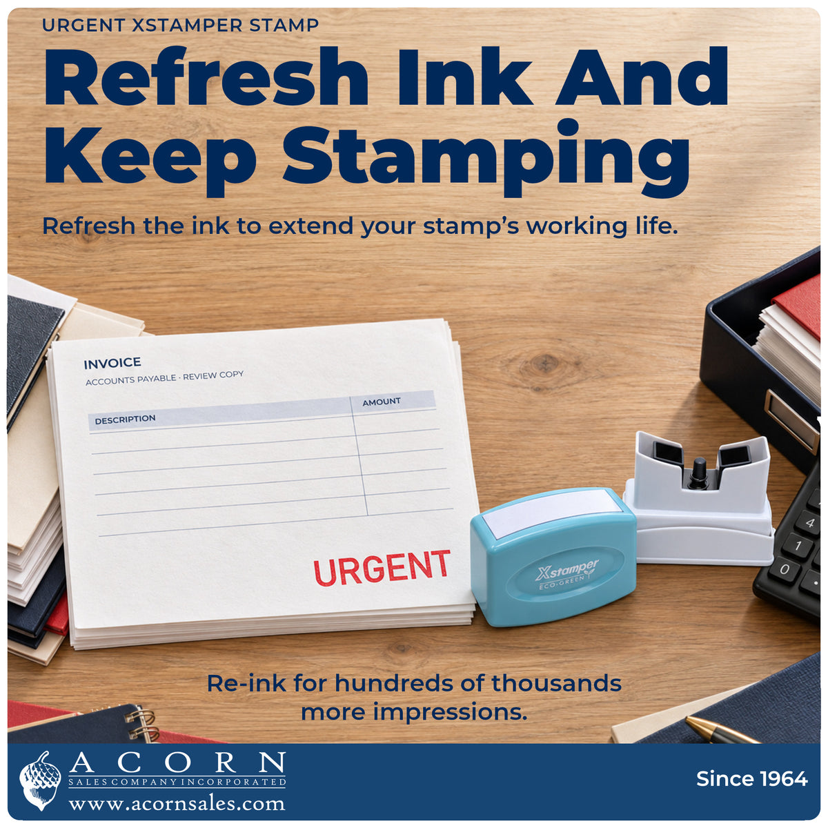 Re-inkable pre-inked build of the Xstamper Urgent Document Stamp shown in detail