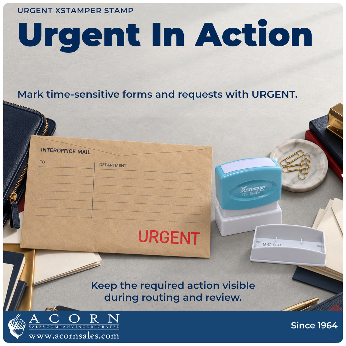 Xstamper Urgent Document Stamp being pressed to leave an imprint reading "Urgent"