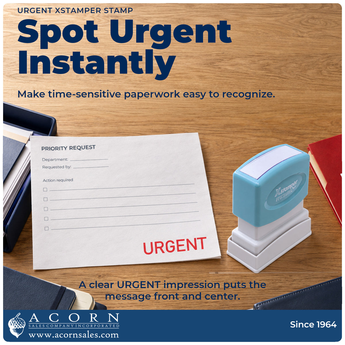 "Urgent" imprint on office paperwork beside the Xstamper Urgent Document Stamp