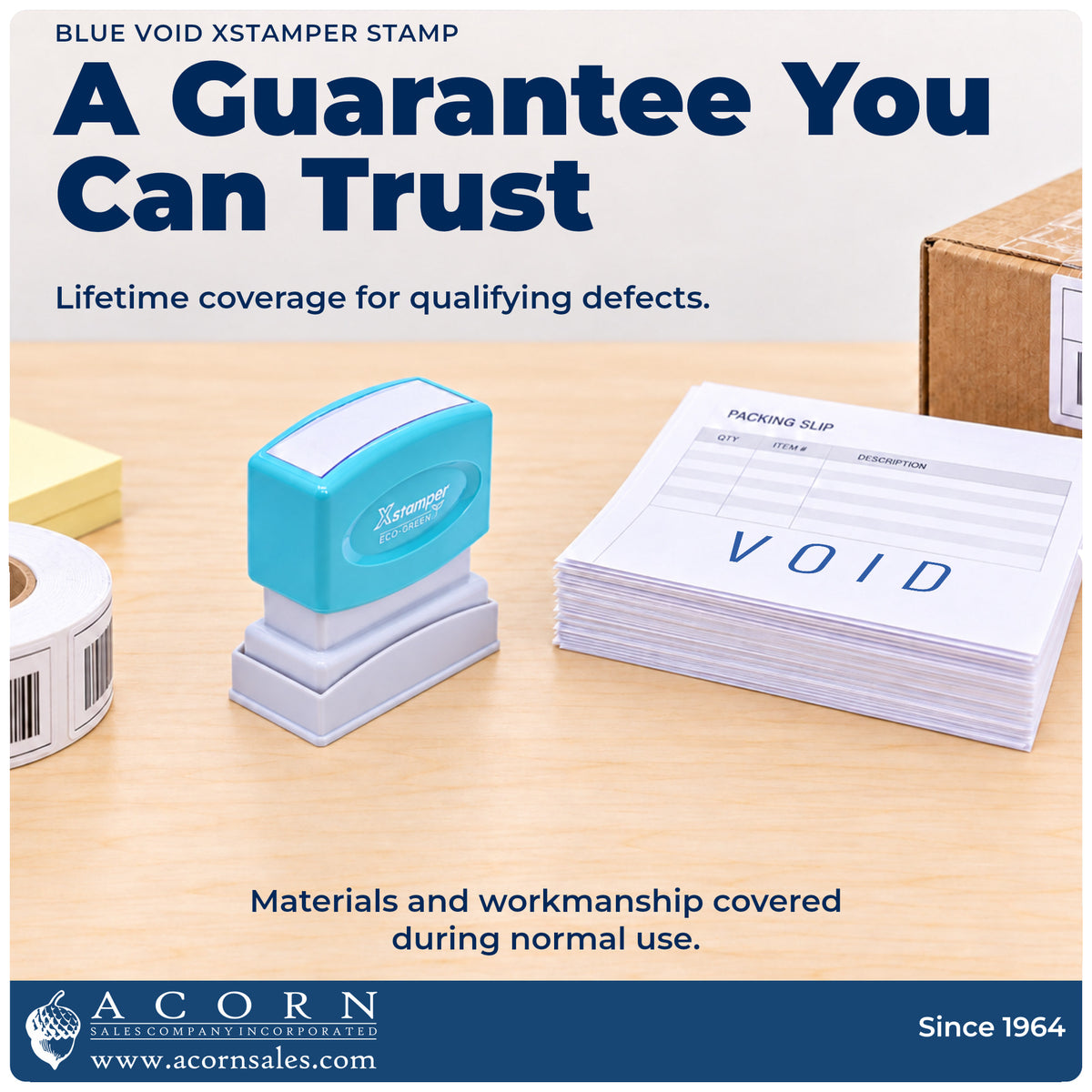 Lifetime guarantee graphic shown with the Xstamper Void Stamp – Blue Pre-Inked from Acorn Sales