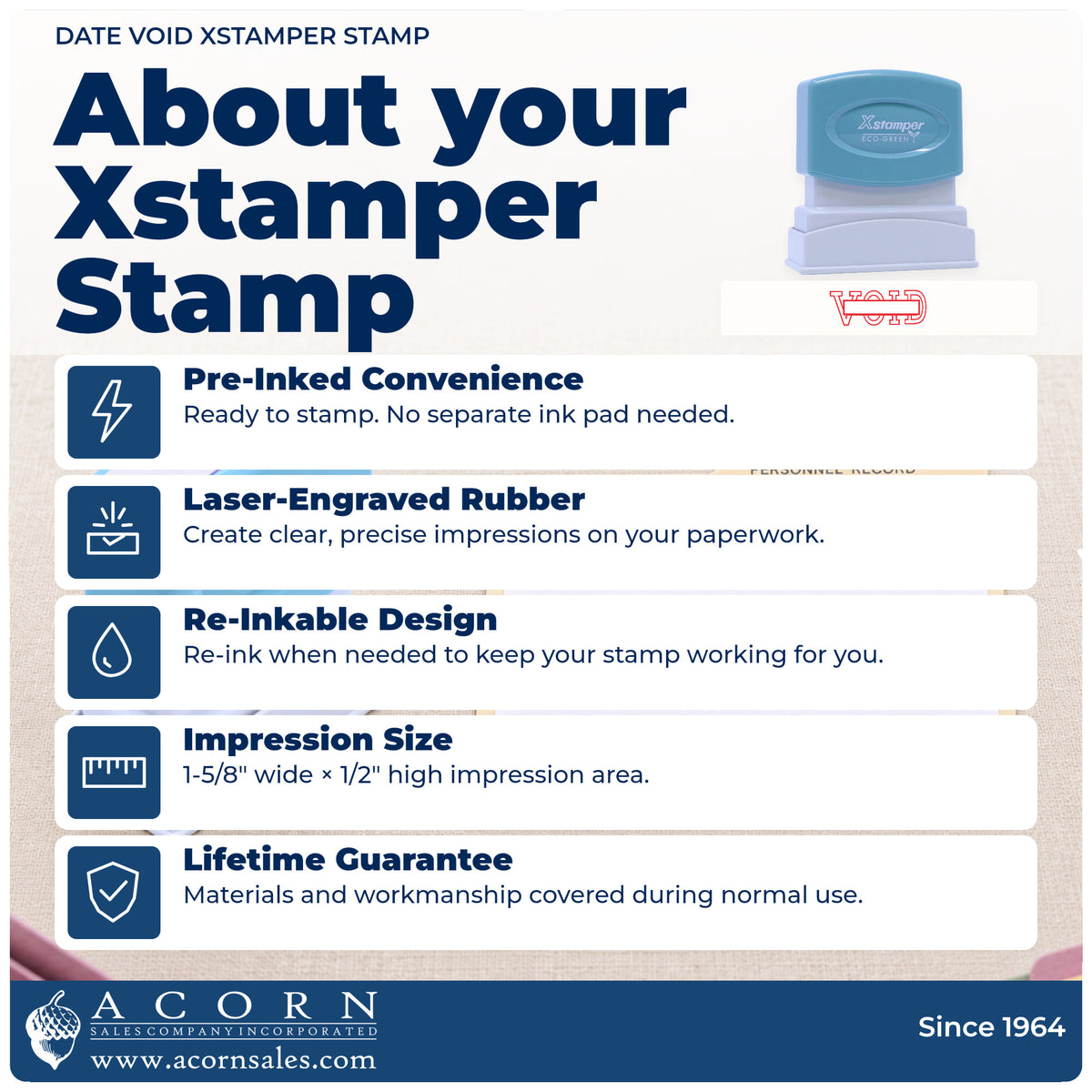 About your Date Void Text Stamp: Xstamper 1207 pre-inked stock stamp facts